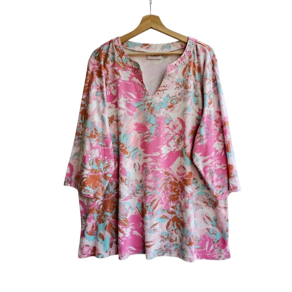 Quacker Factory by Jeanne Bice Pink Floral Rhinestone Tunic Top, NWOT, Size 2X